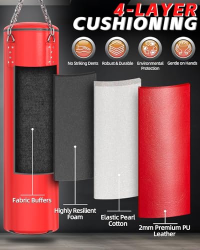 ASBRAVO Punching Bag for Adults, 4ft PU Heavy Boxing Bag Set 12OZ Gloves for MMA Muay Thai Kickboxing Training Home Gym, Martial Art (Unfilled)-Red - Image 3