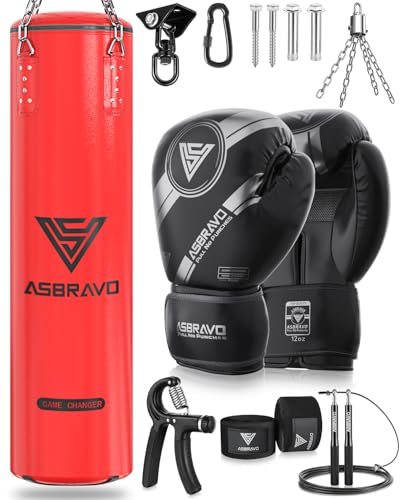 ASBRAVO Punching Bag for Adults, 4ft PU Heavy Boxing Bag Set 12OZ Gloves for MMA Muay Thai Kickboxing Training Home Gym, Martial Art (Unfilled)-Red - Image 1