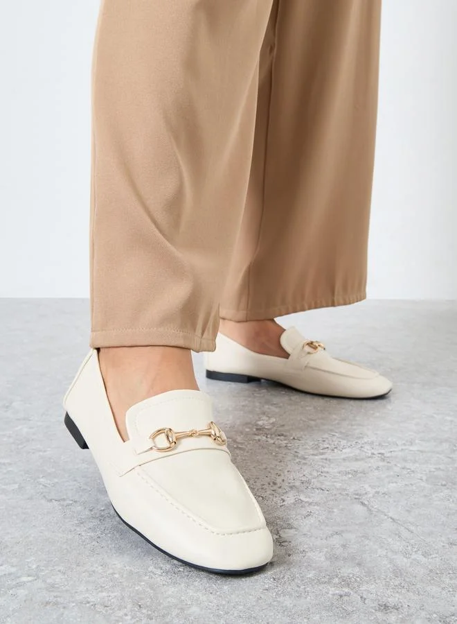 Styli Cream Buckle Decor Square Toe Loafers