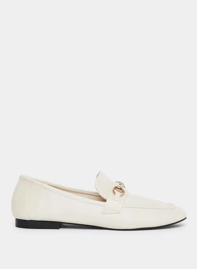 Cream Buckle Decor Square Toe Loafers
