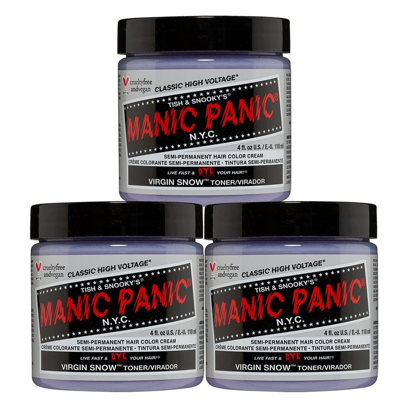 Manic Panic مانيك بانك فيرجن سنو - صبغة شعر زرقاء شبه دائمة عالية الجهد - تقضي على النغمات النحاسية، نباتية، خالية من PPD والأمونيا للنساء والرجال (3PK)