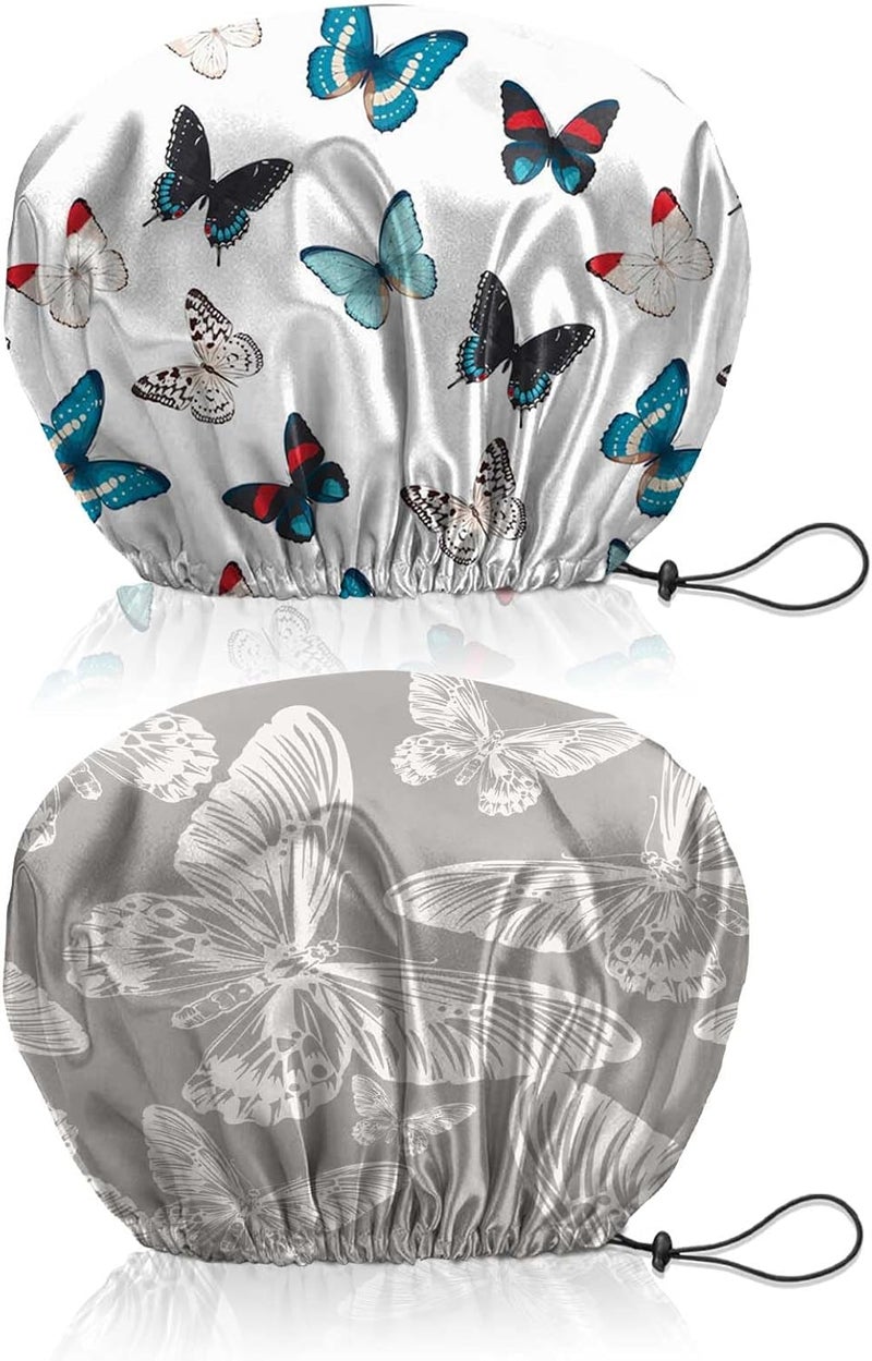 BHAHB 2 PCS Shower Cap Reusable Waterproof Double Layer Elastic Adjustable Hair Bath Caps Cute Aesthetic for Women Girls-Butterfly - Image 1