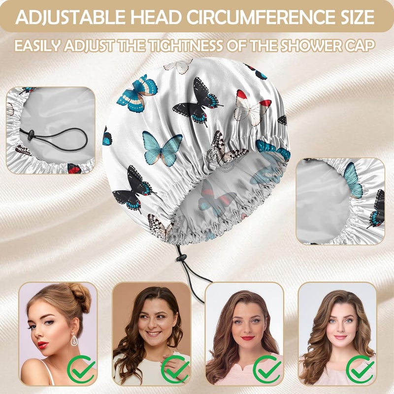 BHAHB 2 PCS Shower Cap Reusable Waterproof Double Layer Elastic Adjustable Hair Bath Caps Cute Aesthetic for Women Girls-Butterfly - Image 4