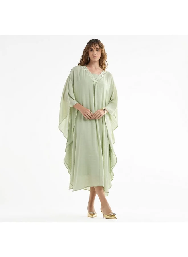 FAV Solid Midi Kaftan Dress with Long Sleeves and Lace Detail