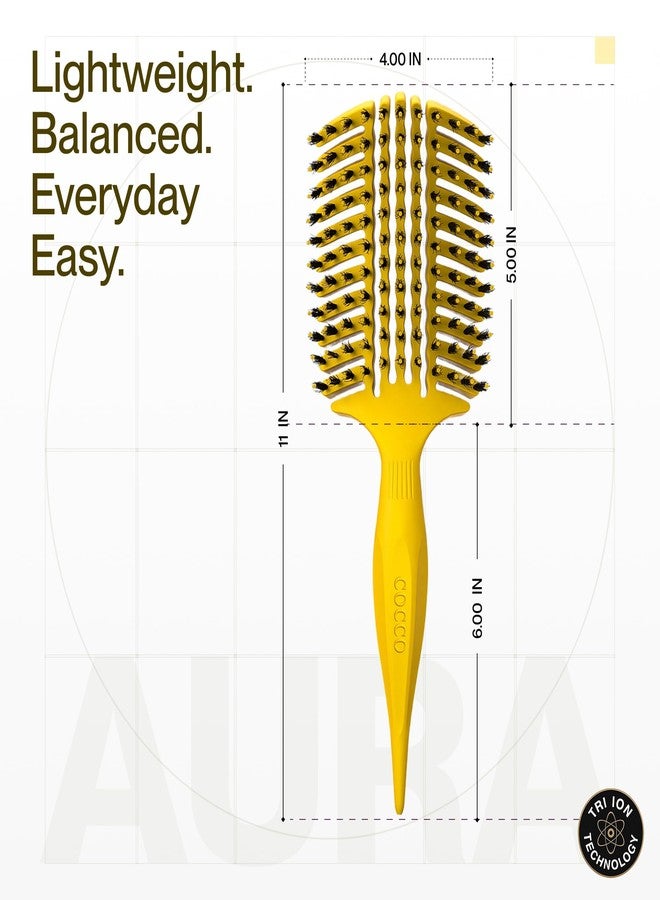 COCCO Aura Vent Boar Brush | Vented Dual-Curved Design for Faster Drying, Effortless Detangling & Shine, Boar + Nylon Bristles, Ergonomic Comfort Handle for Wet & Dry Hair Styling - Yellow - Image 3