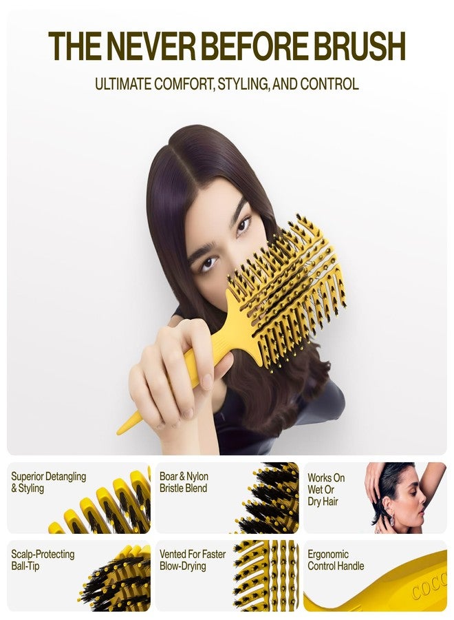 COCCO Aura Vent Boar Brush | Vented Dual-Curved Design for Faster Drying, Effortless Detangling & Shine, Boar + Nylon Bristles, Ergonomic Comfort Handle for Wet & Dry Hair Styling - Yellow - Image 4