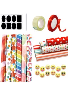 SARAOONT 12-Pack Gift Wrap Set 12 Designs (50x70 cm) with 10m Red Ribbon, Tape, Sticker, Marker, and 12 Emoji. Ideal for Birthday, Wedding, Graduation, Mother’s Day, Eid. Suitable for Kids and Adults  - Image 1