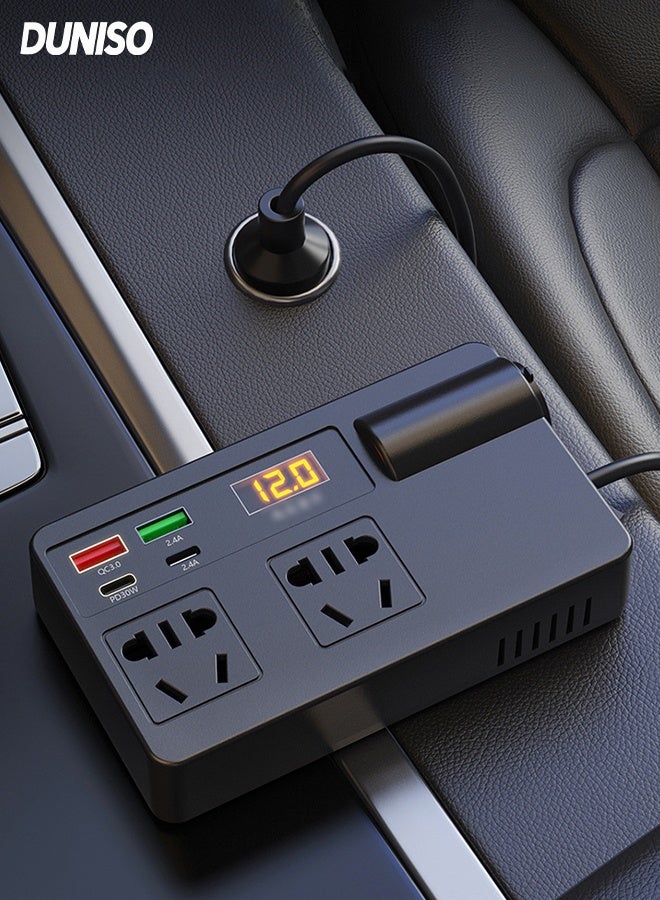 DUNISO 200W Multi-Port Car Power Inverter,  12/24V to 220V AC Car Converter,Fast Charger Ports Adapter Car Plug Converter with Current LED Screen ,Suitable for Cars, SUV & Truck - Image 1