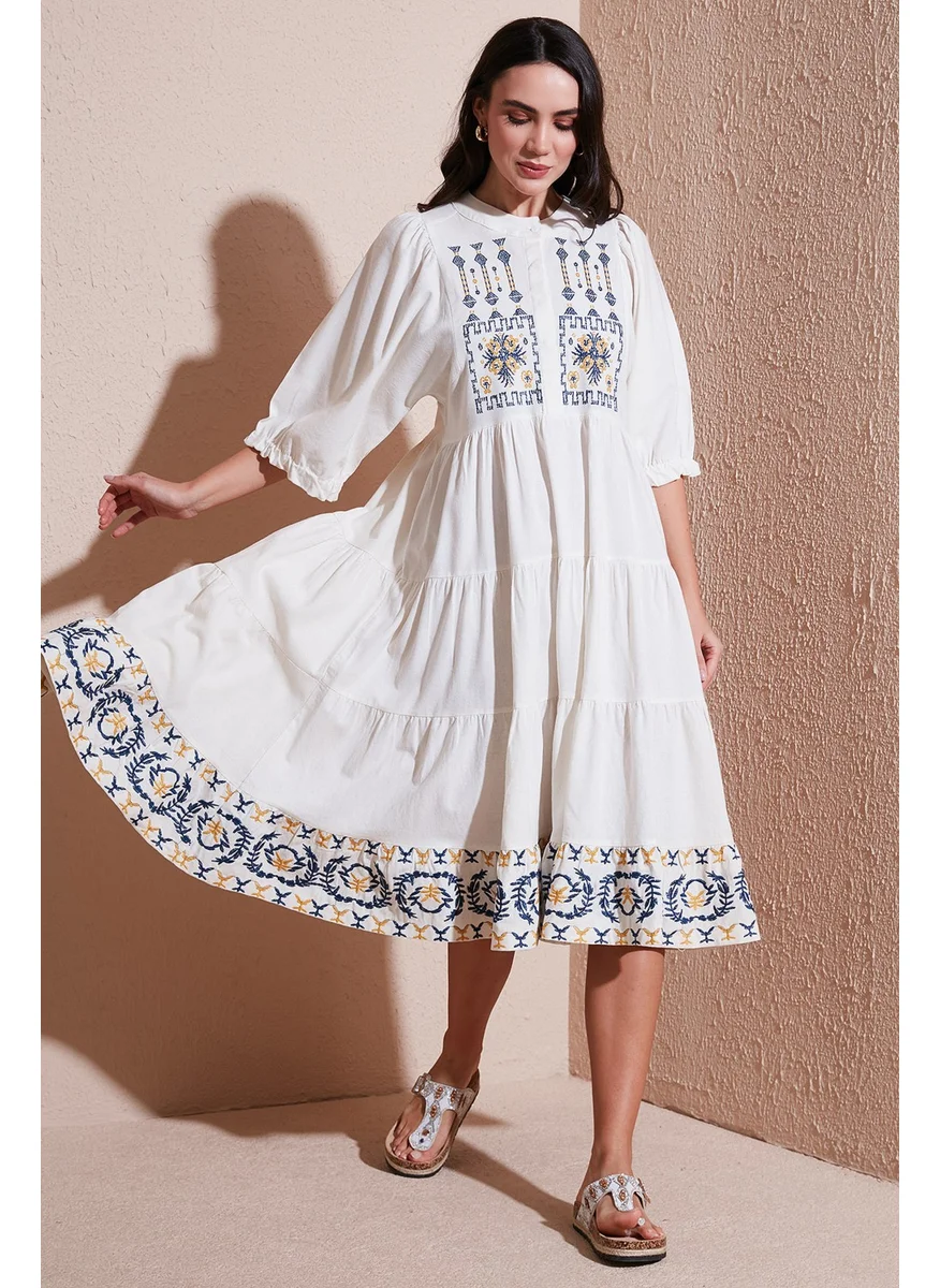 Lela Cotton Embroidered Regular Fit Three Quarter Sleeve Midi Length Dress Women's Dress 676216