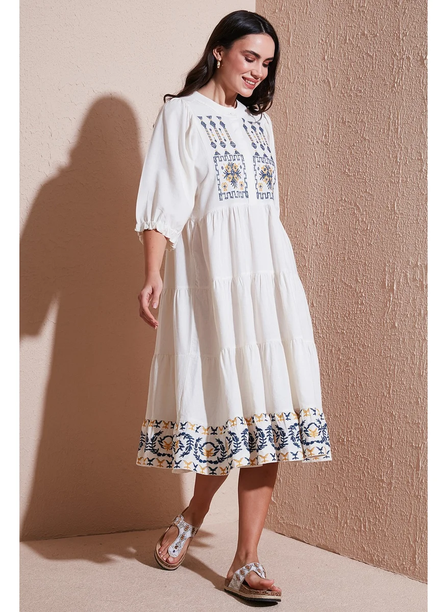 Lela Cotton Embroidered Regular Fit Three Quarter Sleeve Midi Length Dress Women's Dress 676216