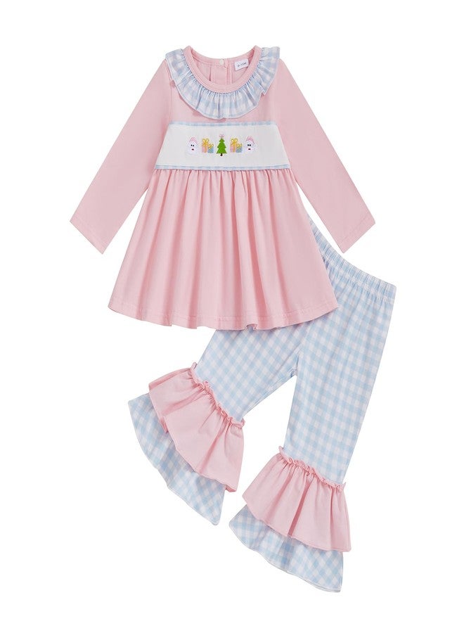Lenjindjer Toddler Baby Girl Christmas Outfit Santa Claus Embroidery Long Sleeve Smocked Tops Flare Pants Fall Winter Clothes (Pink, 3-4T) - Image 1