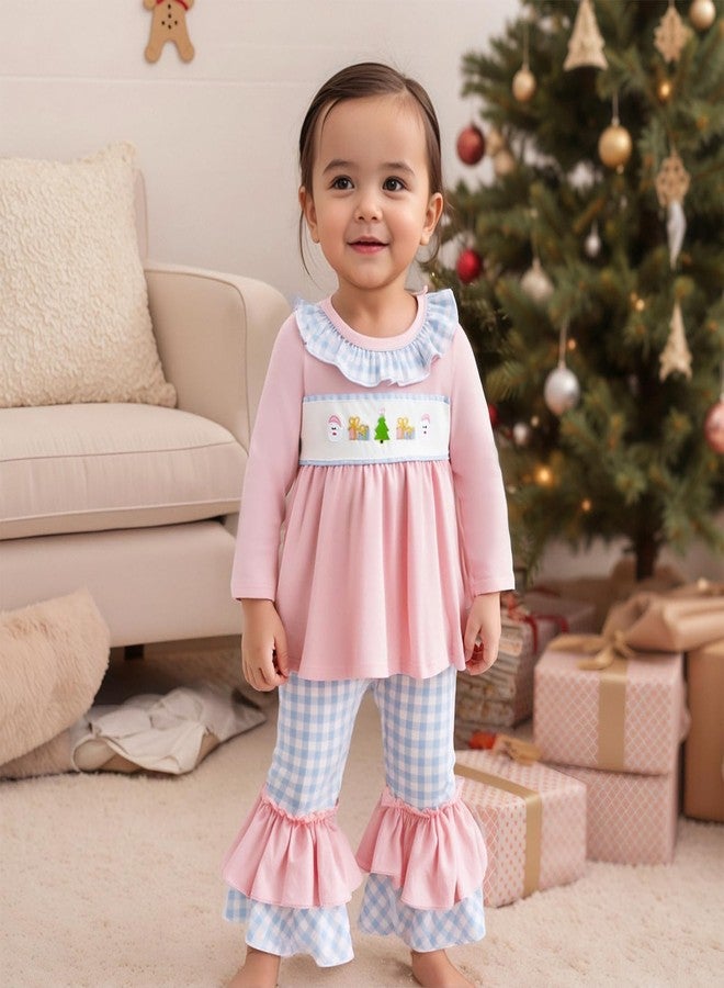 Lenjindjer Toddler Baby Girl Christmas Outfit Santa Claus Embroidery Long Sleeve Smocked Tops Flare Pants Fall Winter Clothes (Pink, 3-4T) - Image 3