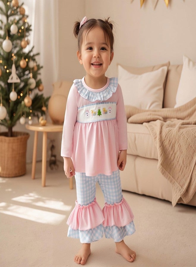 Lenjindjer Toddler Baby Girl Christmas Outfit Santa Claus Embroidery Long Sleeve Smocked Tops Flare Pants Fall Winter Clothes (Pink, 3-4T) - Image 2