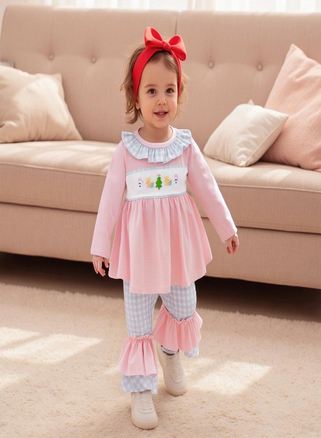 Lenjindjer Toddler Baby Girl Christmas Outfit Santa Claus Embroidery Long Sleeve Smocked Tops Flare Pants Fall Winter Clothes (Pink, 3-4T) - Image 4