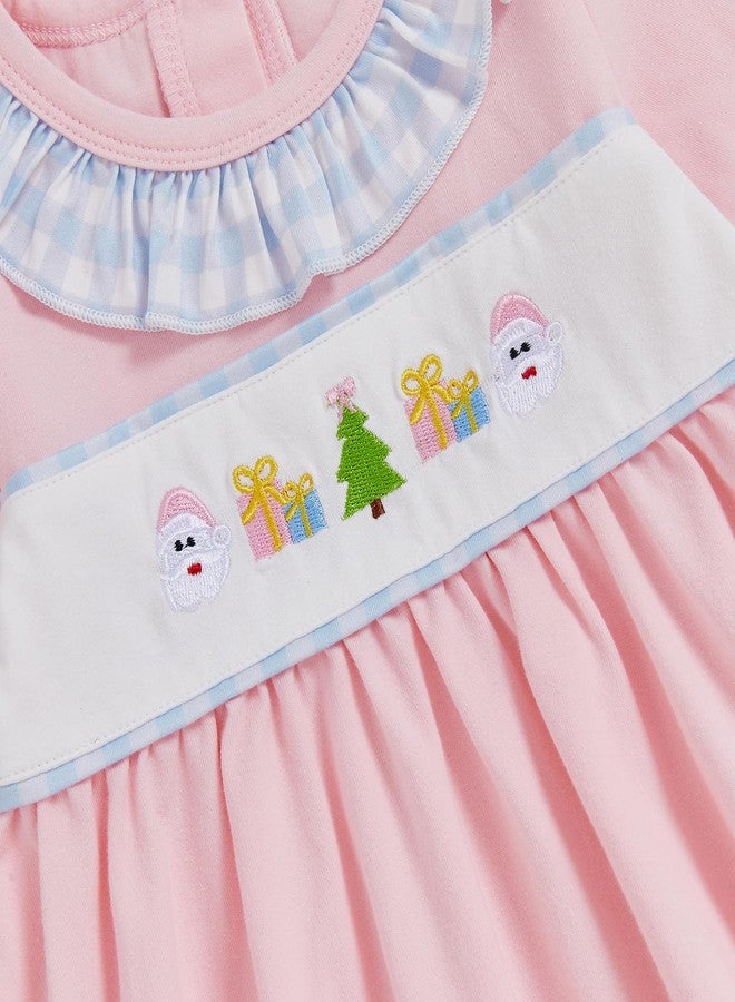 Lenjindjer Toddler Baby Girl Christmas Outfit Santa Claus Embroidery Long Sleeve Smocked Tops Flare Pants Fall Winter Clothes (Pink, 3-4T) - Image 5