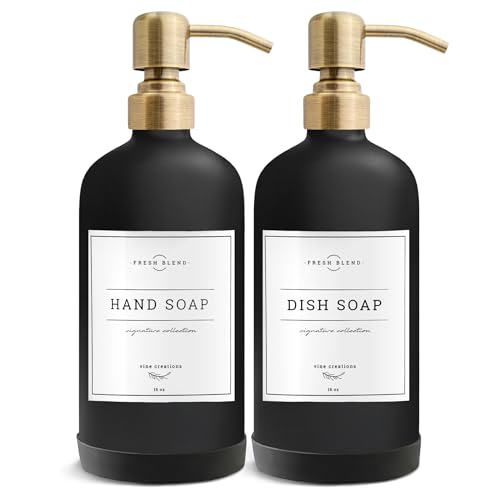 Vine Creations Black Glass Soap Dispenser 2 Pack Kitchen Soap Dispenser Set with Stainless Steel Pump 16 oz Dish Soap and Hand Soap Dispensers for Bathroom with Waterproof Labels - Image 1