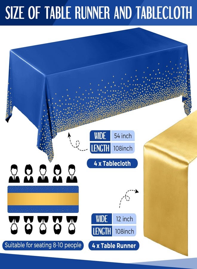 Breling 8 Pack Disposable Plastic Tablecloths and Satin Table Runner 54 x 108 Inch Table Cloths for Parties Tablecloth 12 x 108 Inch Table Runners for Wedding Birthday Baby Shower (Dark Blue and Gold) - Image 2
