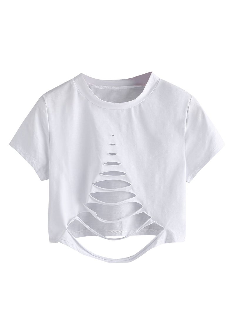 SweatyRocks Women's Short Sleeve Cutout Tee Shirt Distressed Crop Top Solid White Large - Image 1