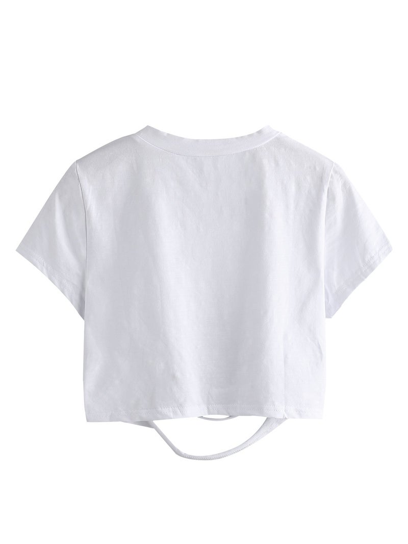 SweatyRocks Women's Short Sleeve Cutout Tee Shirt Distressed Crop Top Solid White Large - Image 4