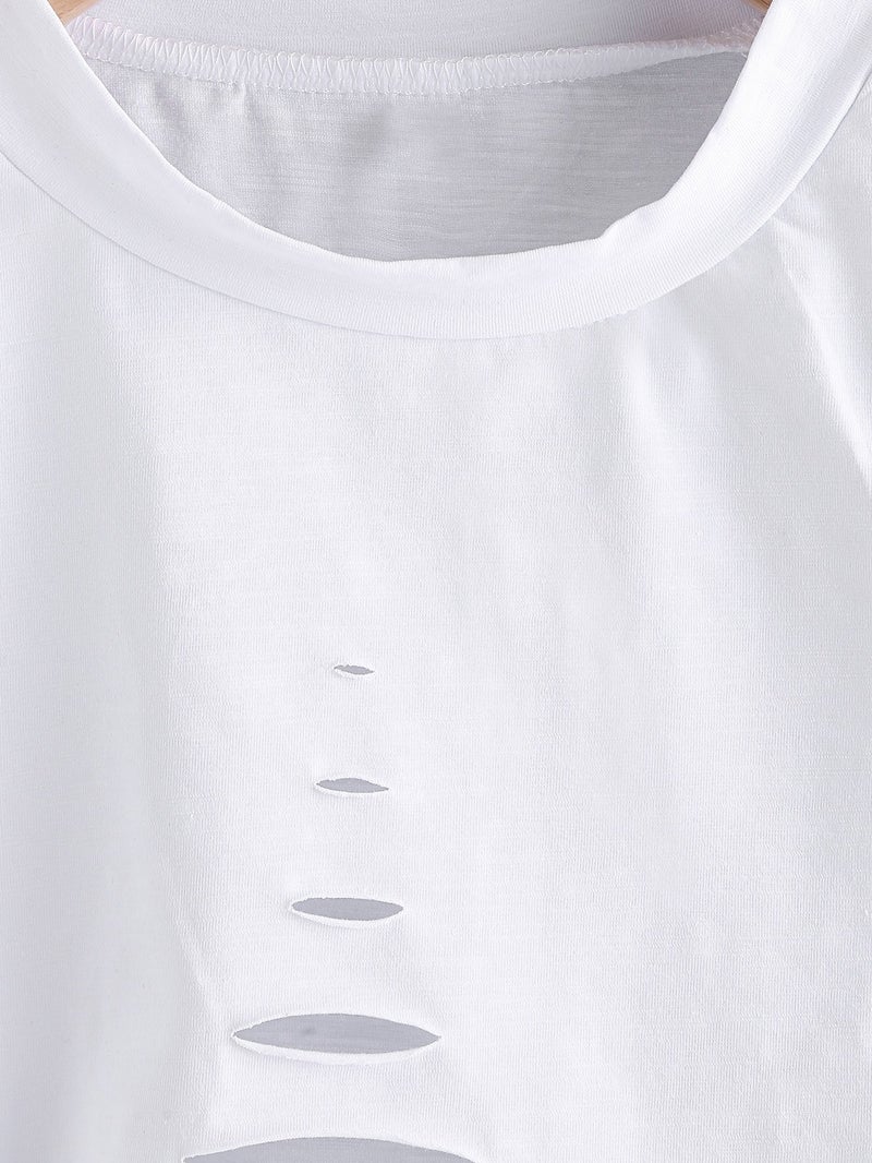 SweatyRocks Women's Short Sleeve Cutout Tee Shirt Distressed Crop Top Solid White Large - Image 2