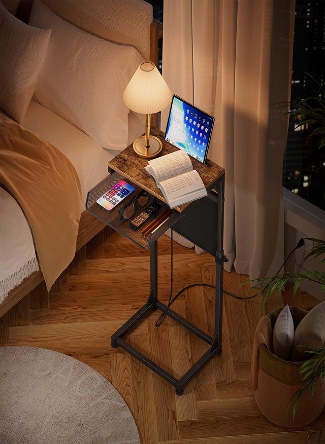 Simple Trending C Shaped End Table with Charging Station, Side Table Adjustable Height, Sofa Couch Table TV Tray with Storage Bag for Living Room, Rustic Brown - Image 3