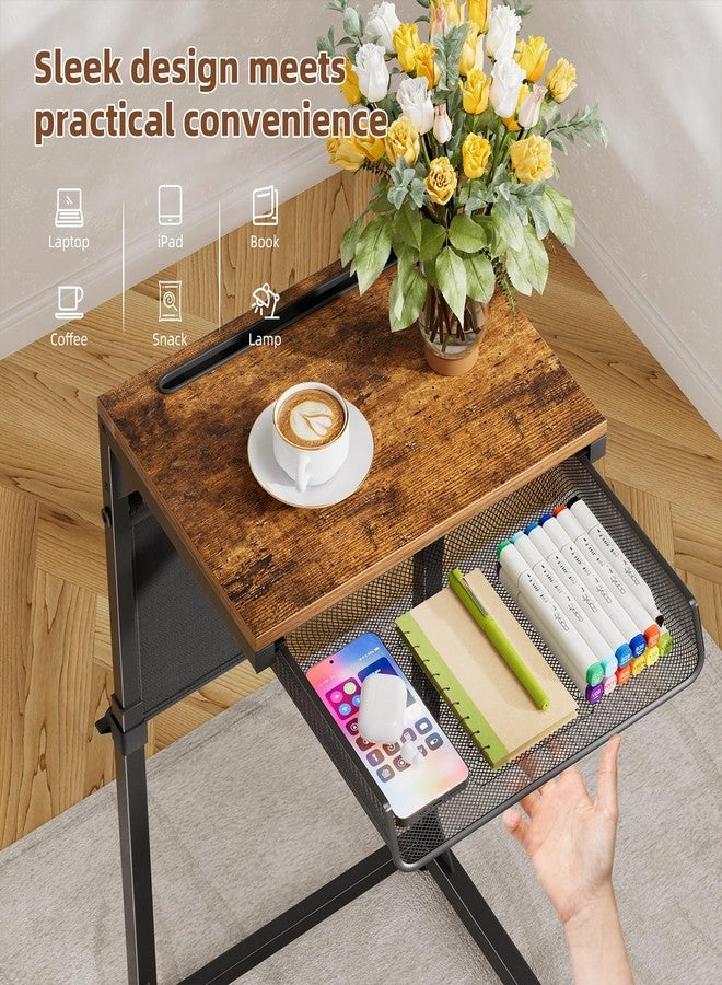 Simple Trending C Shaped End Table with Charging Station, Side Table Adjustable Height, Sofa Couch Table TV Tray with Storage Bag for Living Room, Rustic Brown - Image 4