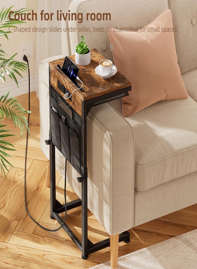 Simple Trending C Shaped End Table with Charging Station, Side Table Adjustable Height, Sofa Couch Table TV Tray with Storage Bag for Living Room, Rustic Brown - Image 2