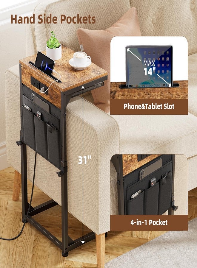Simple Trending C Shaped End Table with Charging Station, Side Table Adjustable Height, Sofa Couch Table TV Tray with Storage Bag for Living Room, Rustic Brown - Image 5