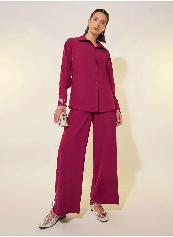 ستايلي Rhinestone Embellished Cuff Long Sleeve Shirt and Pants Co-Ords