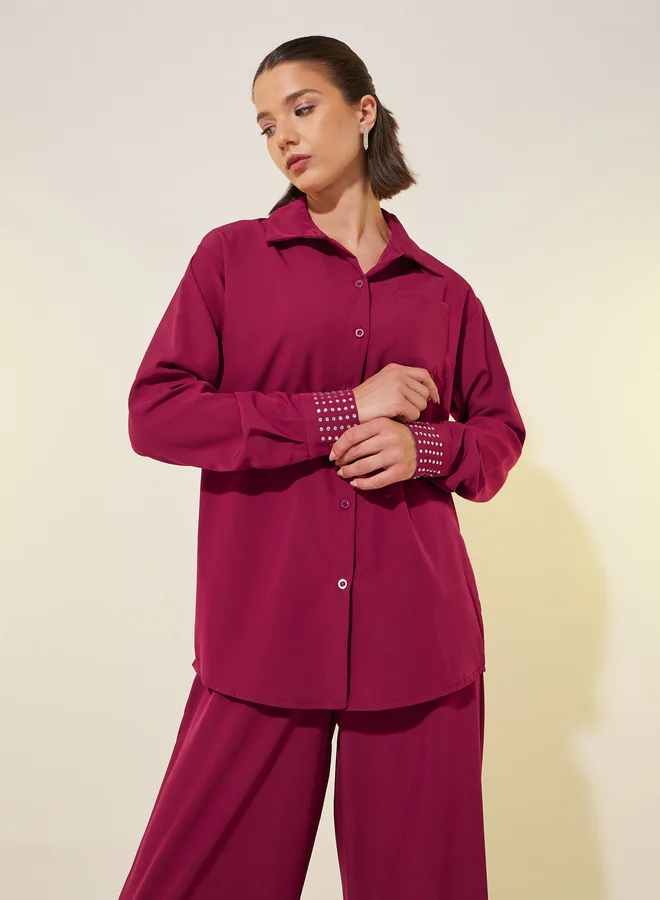 Take Two Rhinestone Embellished Cuff Long Sleeve Shirt and Pants Co-Ords