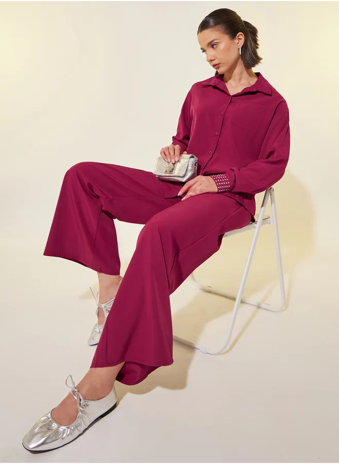 ستايلي Rhinestone Embellished Cuff Long Sleeve Shirt and Pants Co-Ords