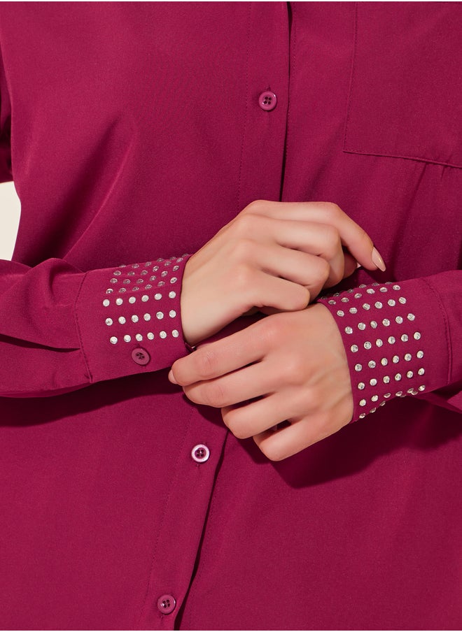 Take Two Rhinestone Embellished Cuff Long Sleeve Shirt and Pants Co-Ords  - Image 4