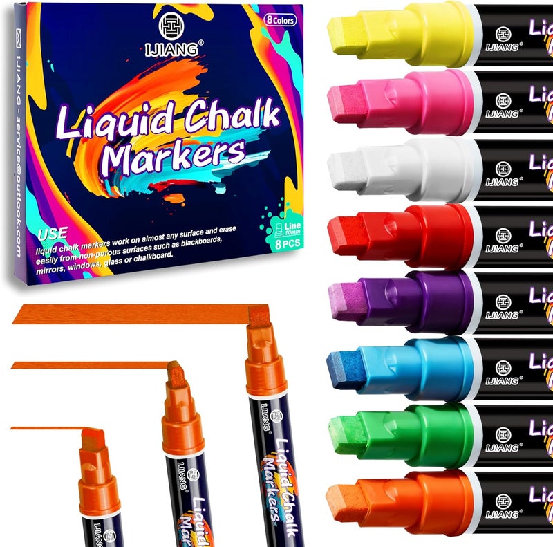 IJIANG Window Chalk Markers Washable, with 10mm Thick Tips for Chalkboard, Windows, Glass, Mirror, Auto, Poster, Bistro, Cars of DIY (10mm Classic Colors) - Image 1