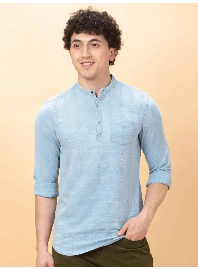 بيينغ هيومان Mens Blue Collared Long Sleeve Kurta Shirt