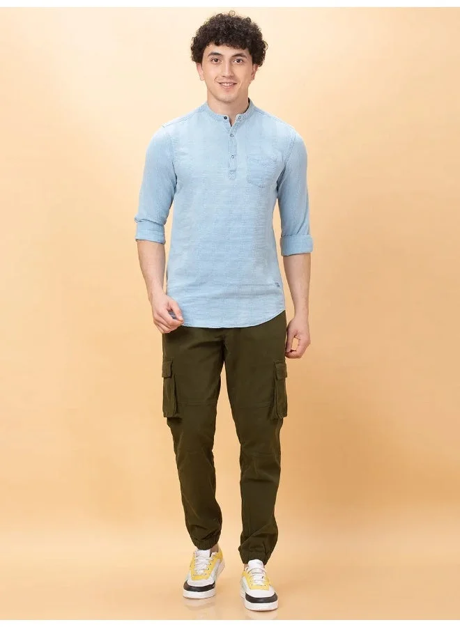 بيينغ هيومان Mens Blue Collared Long Sleeve Kurta Shirt