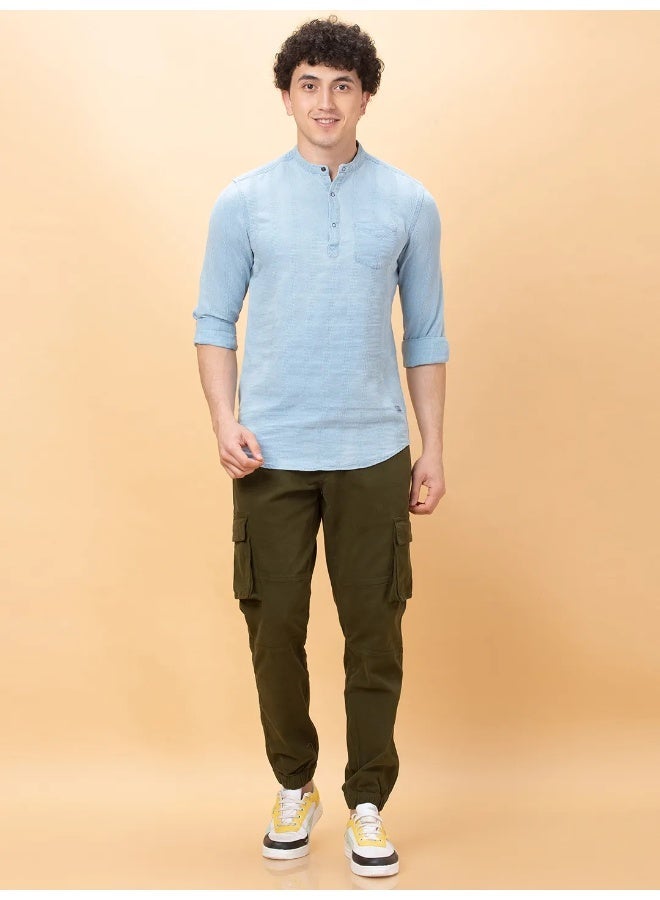 Being Human Mens Blue Collared Long Sleeve Kurta Shirt - Image 2