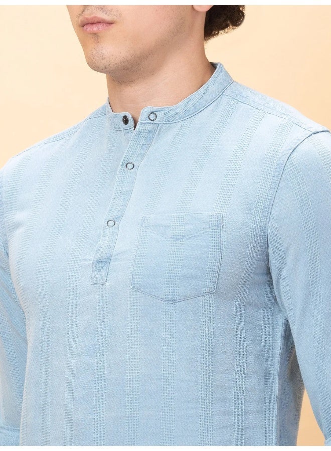 Being Human Mens Blue Collared Long Sleeve Kurta Shirt - Image 5