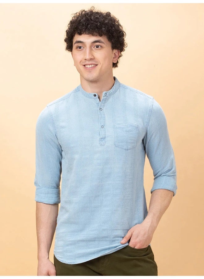 Being Human Mens Blue Collared Long Sleeve Kurta Shirt - Image 4
