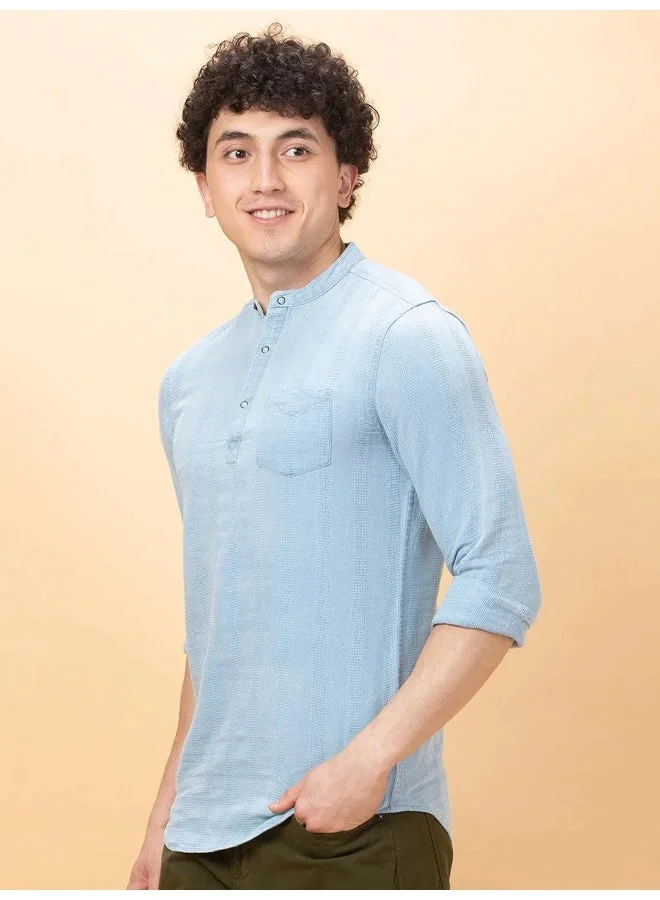 بيينغ هيومان Mens Blue Collared Long Sleeve Kurta Shirt
