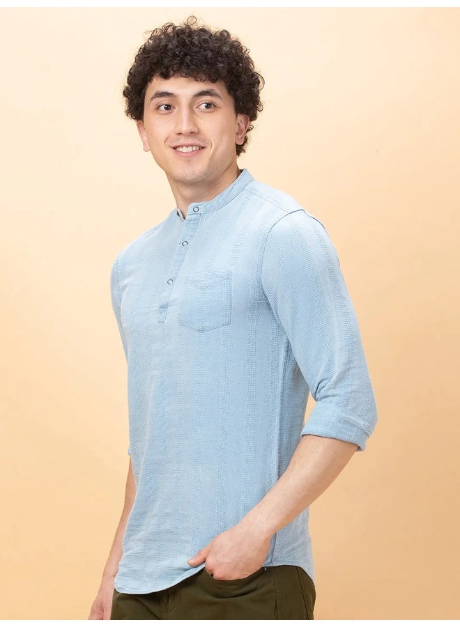 Being Human Mens Blue Collared Long Sleeve Kurta Shirt - Image 1