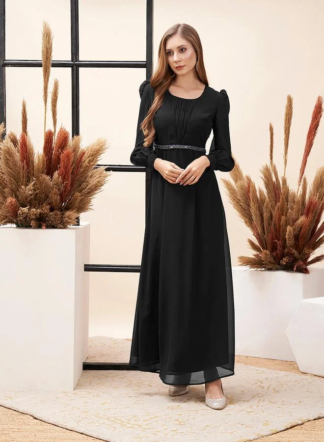 Pleated Puff Sleeve Square Neck A-Line Maxi Dress