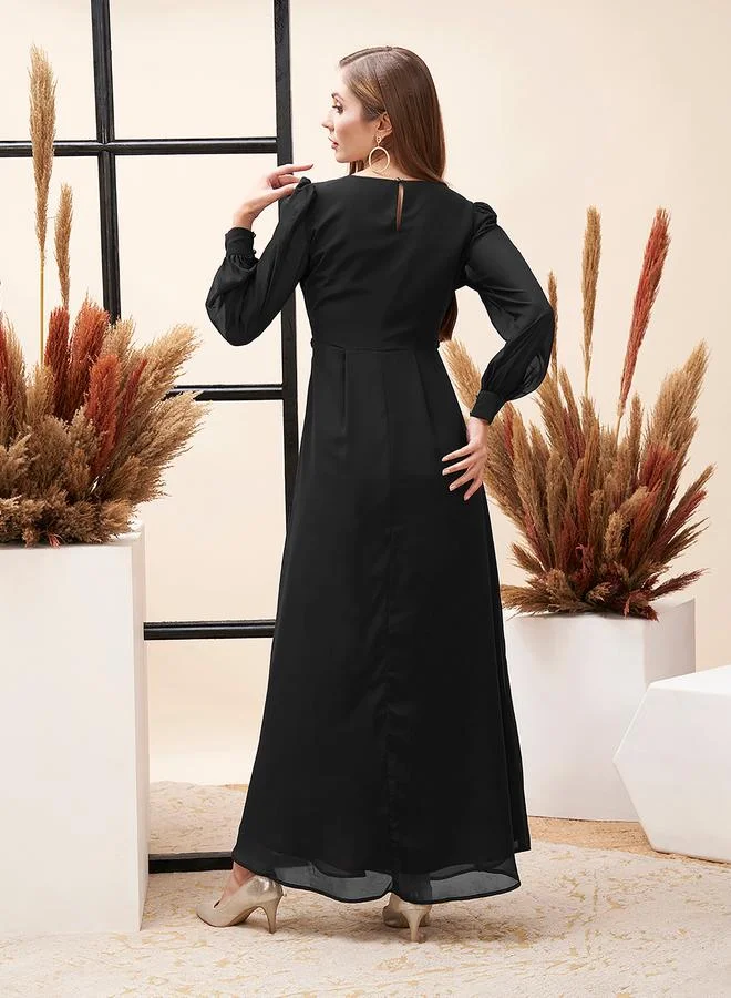 Mish  Pleated Puff Sleeve Square Neck A-Line Maxi Dress for Women | Best Price UAE