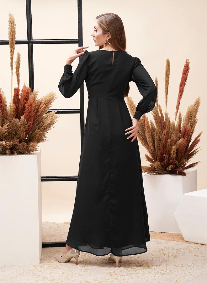 Mish Pleated Puff Sleeve Square Neck A-Line Maxi Dress - Image 3