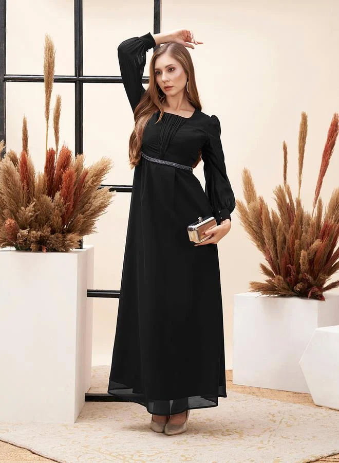 Mish Pleated Puff Sleeve Square Neck A-Line Maxi Dress
