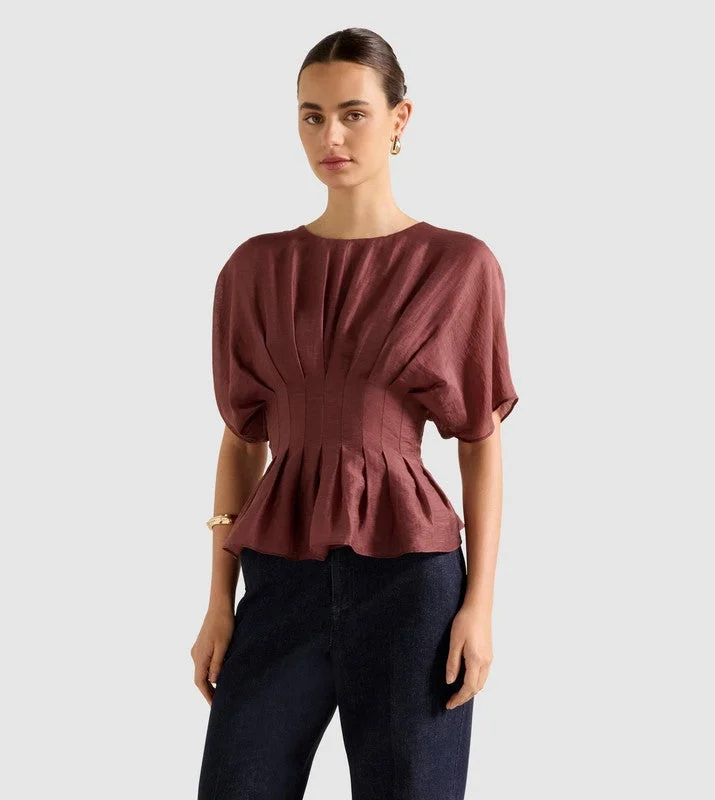فورايفر نيو OLIVE Crew Neck Pleated Top