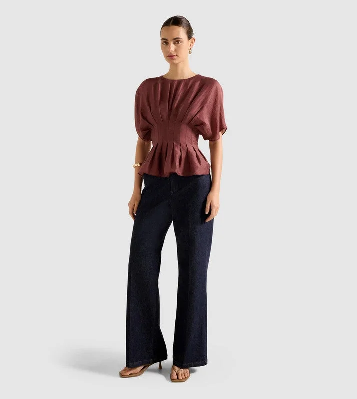 فورايفر نيو OLIVE Crew Neck Pleated Top