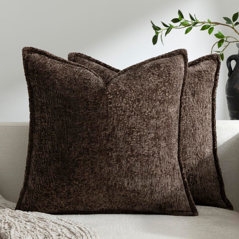 DEZENE Pack of 2 Brown Decorative Throw Pillow Covers 20x20 Cozy Soft Chenille Boho Accent Vintage Farmhouse Square Couch Pillow Covers for Home Decor Bed Sofa Living Room - Image 1