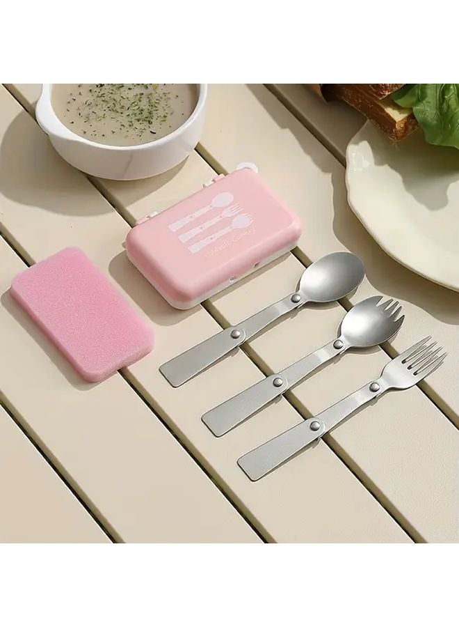 مجموعة أدوات طعام وردية محمولة قابلة للطي من الفولاذ المقاوم للصدأ: ملعقة وشوكة للسفر في الهواء الطلق - Image 1