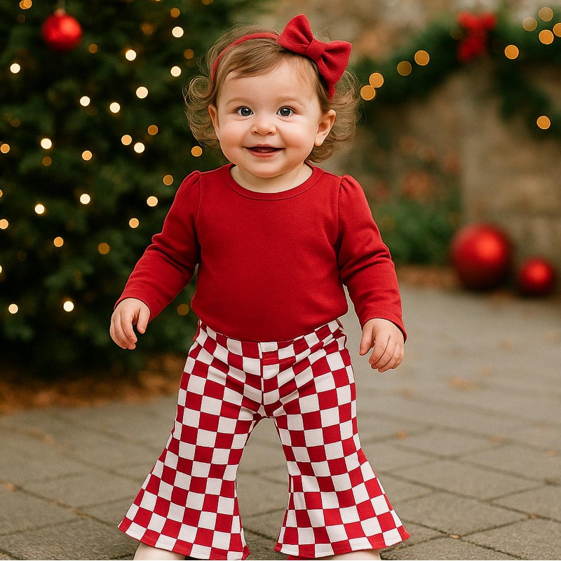 SOBOWO Checkered Baby Girl Flare Pants 3 Pack Toddler Bell Bottoms Plaid Ruffle Leggings Pants Fall Winter Outfits Size 6M-4T(18-24 Months, Black&White Plaid/Red/Red&White Plaid) - Image 3