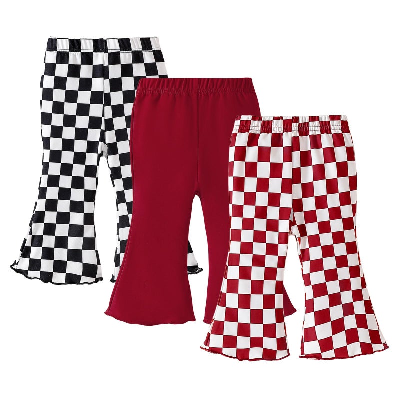 SOBOWO Checkered Baby Girl Flare Pants 3 Pack Toddler Bell Bottoms Plaid Ruffle Leggings Pants Fall Winter Outfits Size 6M-4T(18-24 Months, Black&White Plaid/Red/Red&White Plaid) - Image 1